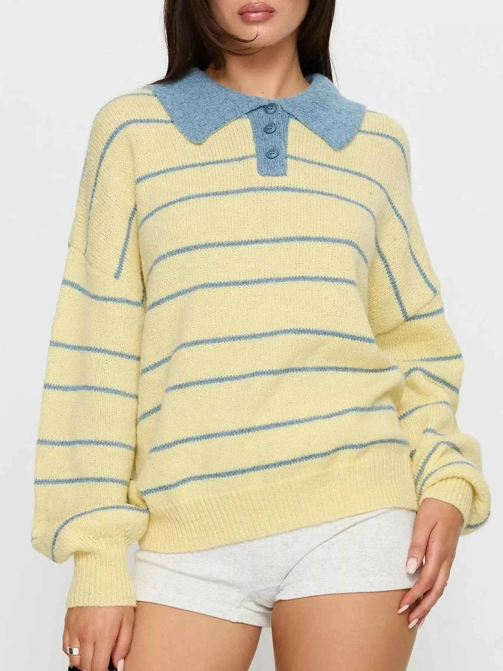 Striped Polo Collar Long Sleeve Sweater Yellow 53fb14d8-603d-4084-b6fd-c740ae5a8dd1-Max-Origin