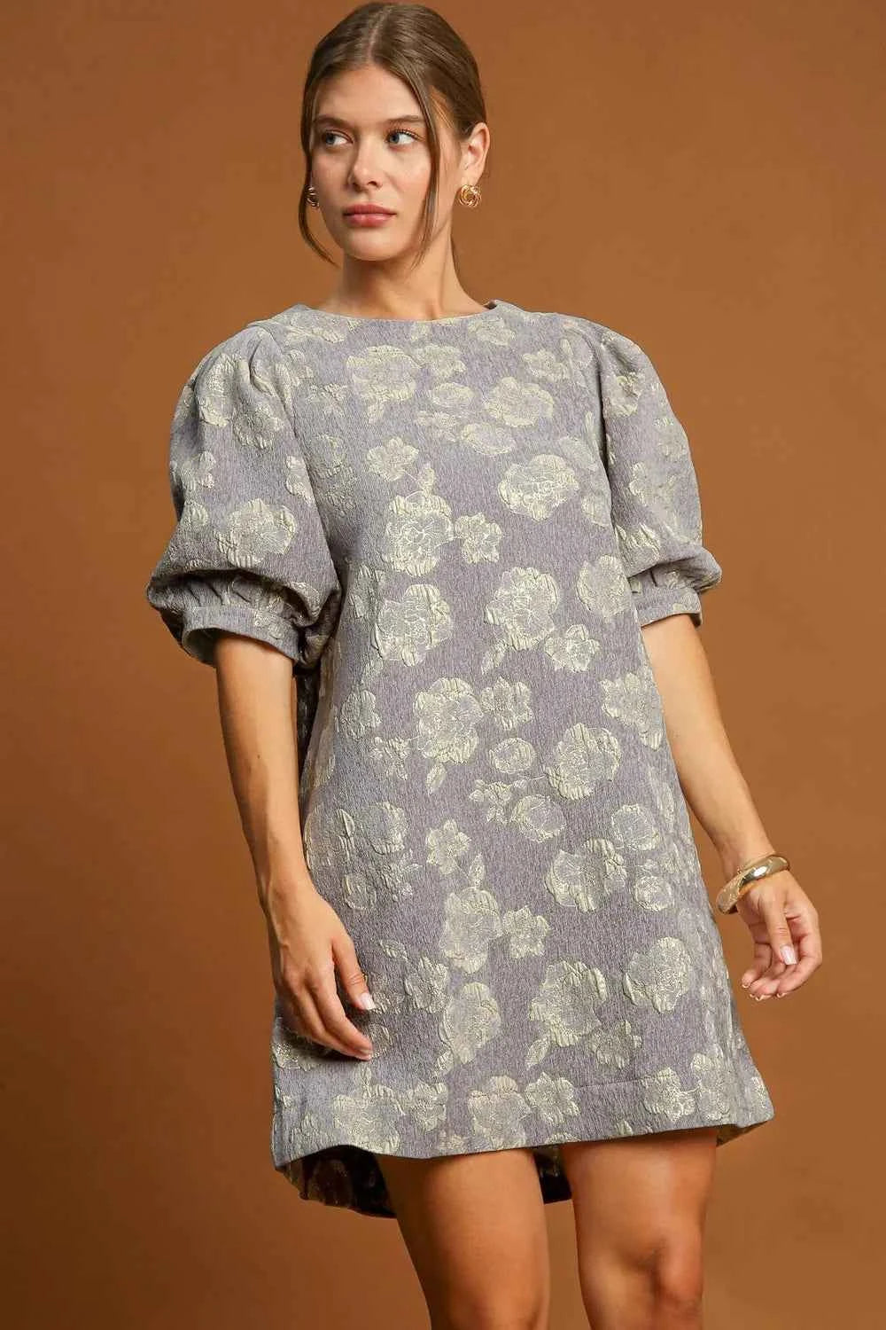 Umgee Floral Jacquard Puff Sleeve Mini Dress Gray 53fc41b2-e0b6-4b43-ac02-c89d898768dd-Max