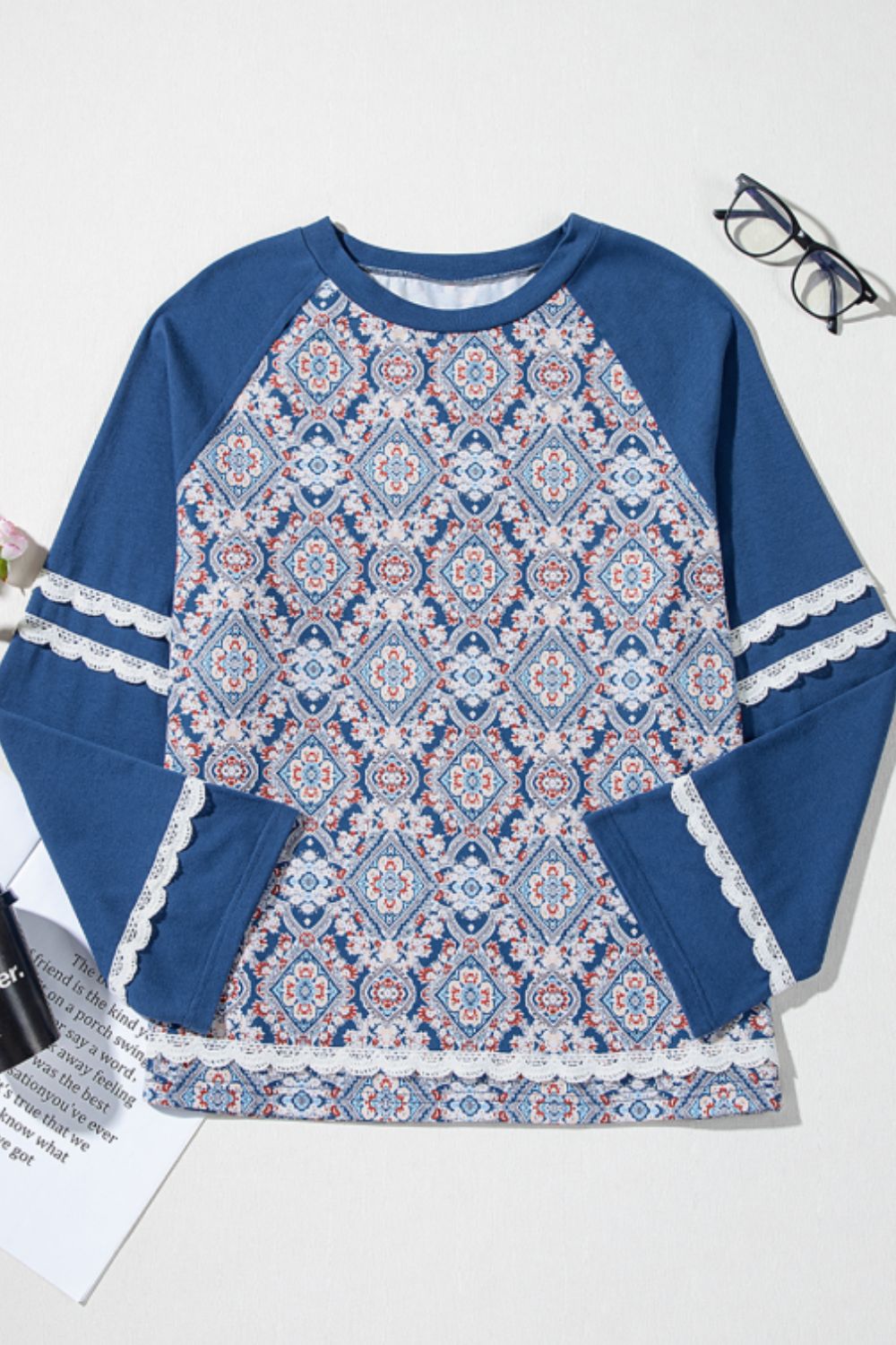 Lace Detail Geometric Round Neck Long Sleeve Top