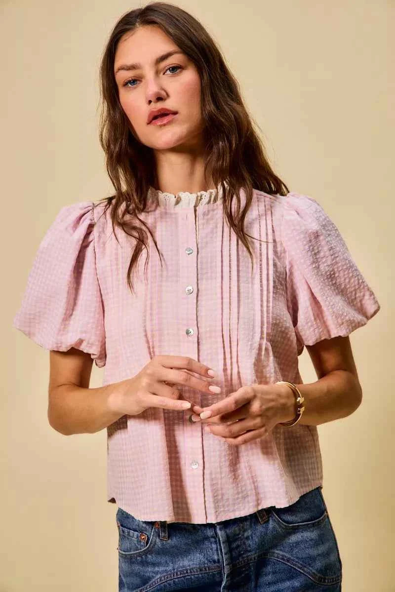 SO ME Gingham Lace Trim Button Bubble Sleeves Blouse PINK 540147eb4c8d448f8bac2fd2e755d6ec-Max-Origin