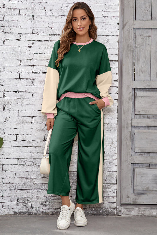 Blackish Green 2pcs Color Block Pullover Loose Pant Set 540471779f9881de