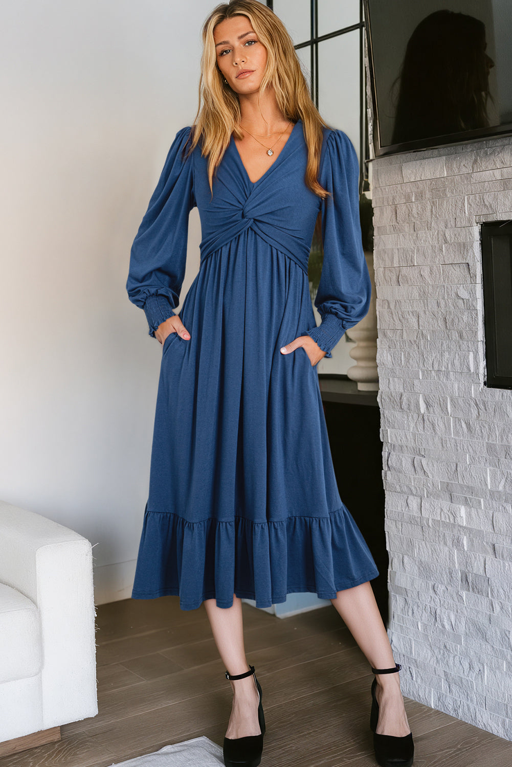 Sail Blue Solid Color Front Twist Puff Sleeve Ruffled Dress 5408a06127640d3e