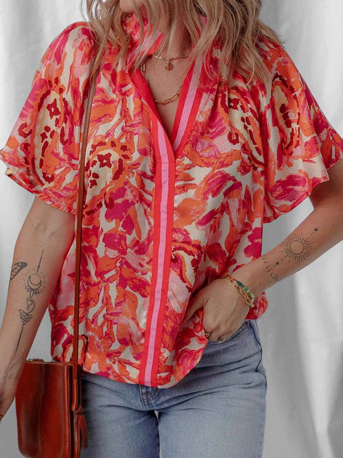 Abstract Print Striped Trim Split Neck Blouse Floral 540a42521445401a90fb7d1c4fe60efd-Max-Origin