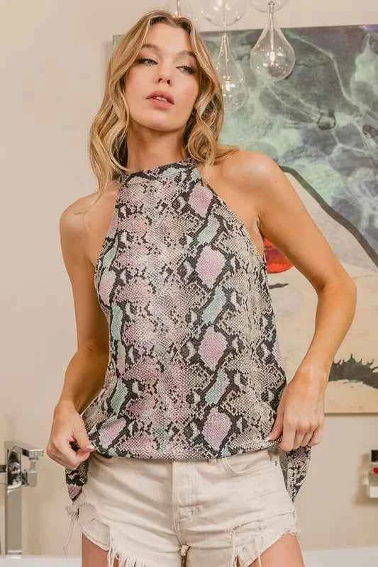 Snakeskin Print Low Gauge Knit Halter Neck Top 540aeec2d452484ea75078056ff3bb87-Max-Origin