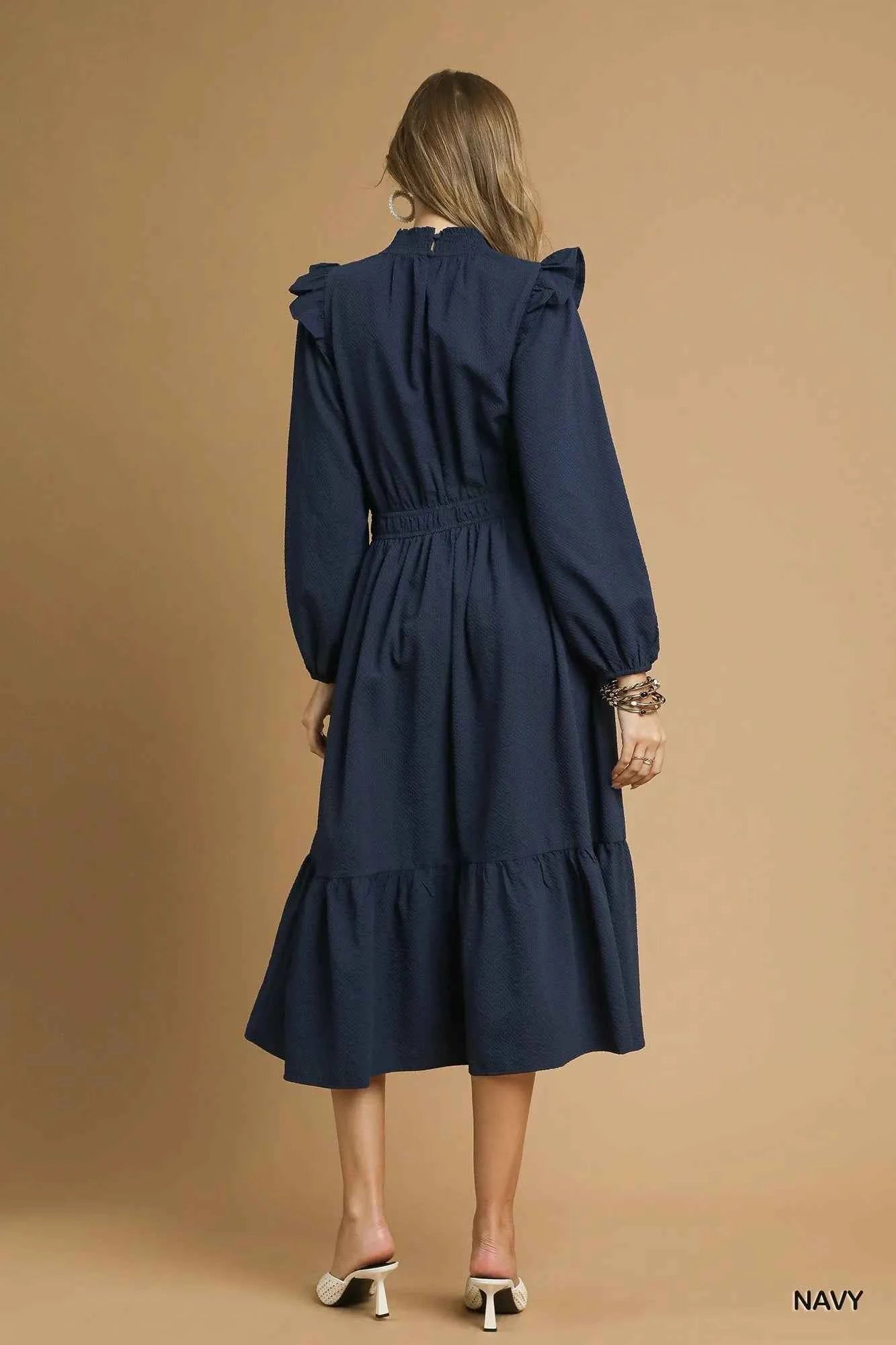 Umgee Textured Midi Dress with Ruffle Shoulder Detail 540b480c-0de7-4640-b025-9ec79d6dc7a3-Max-Origin
