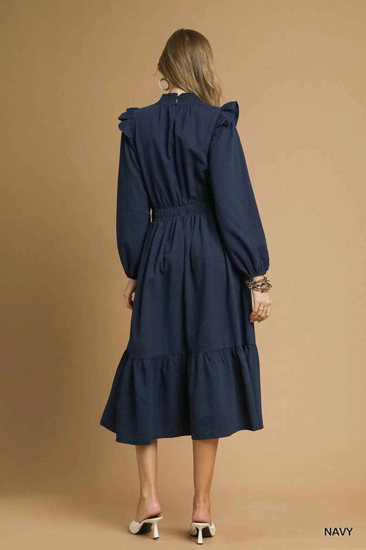 Textured Midi Dress with Ruffle Shoulder Detail 540b480c-0de7-4640-b025-9ec79d6dc7a3-Max-Origin