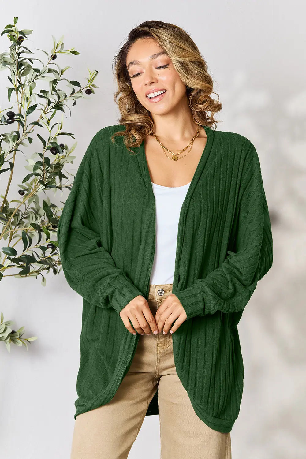 Basic Bae Full Size Ribbed Cocoon Cardigan Dark Green 5410e78e59b84f3a95c6faea78f5b9aa-Max
