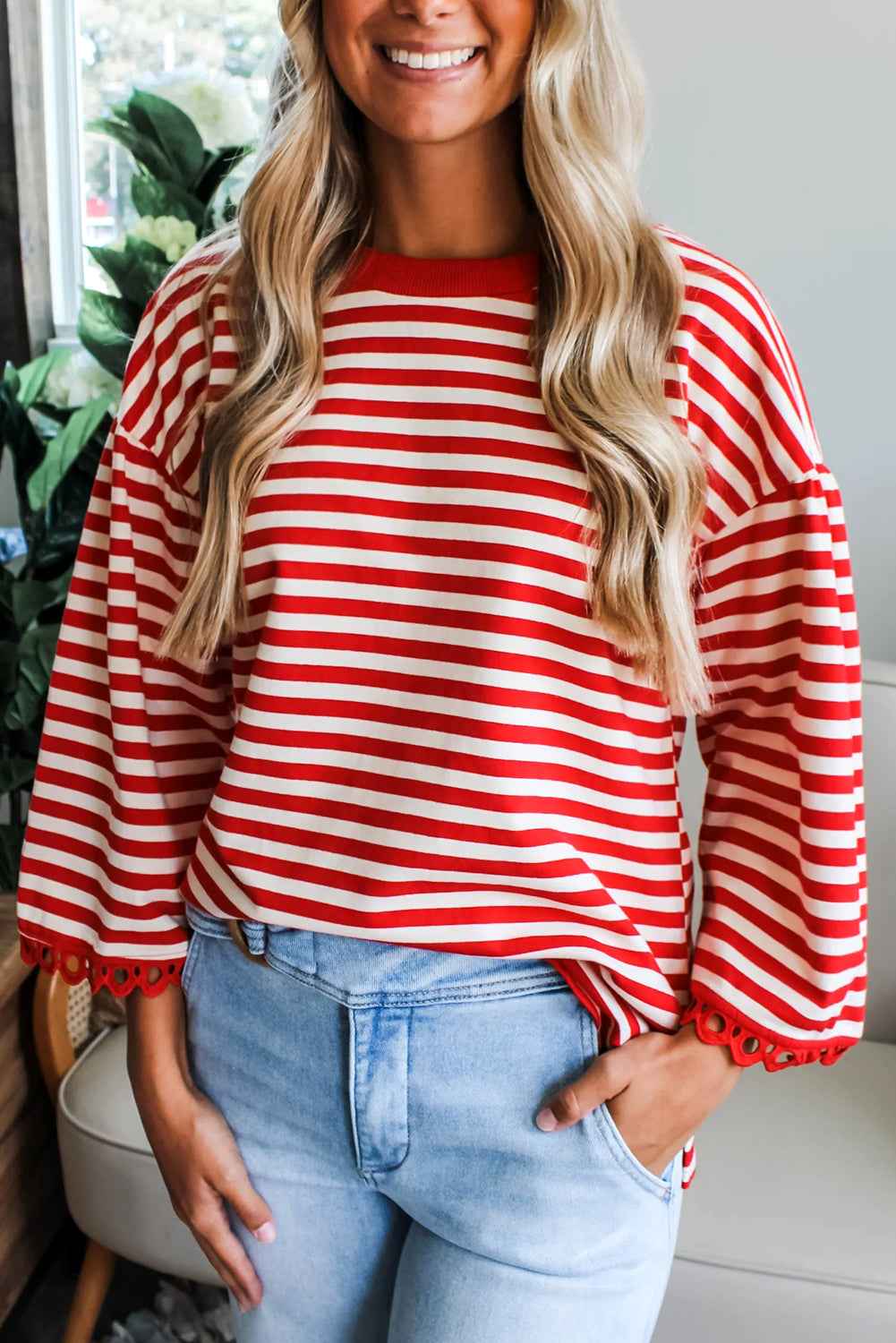 Sachet Pink Striped Round Neck Contrast Trim Bell Sleeve Top Racing Red 95%Cotton+5%Elastane 5412de17952099d0