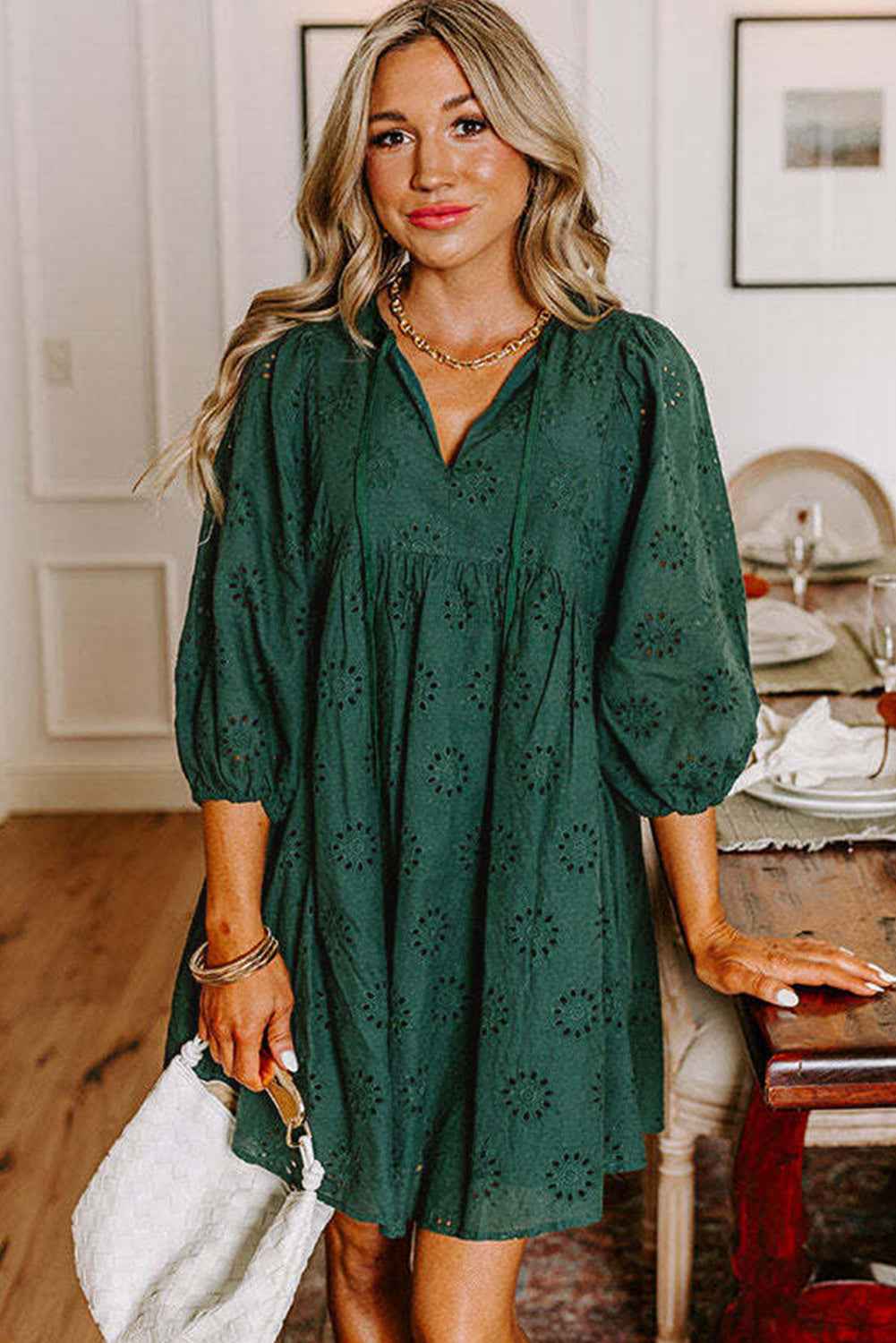 Blackish Green Embroidered Eyelet Pattern Puff Sleeve Mini Dress 541359756d1008eb