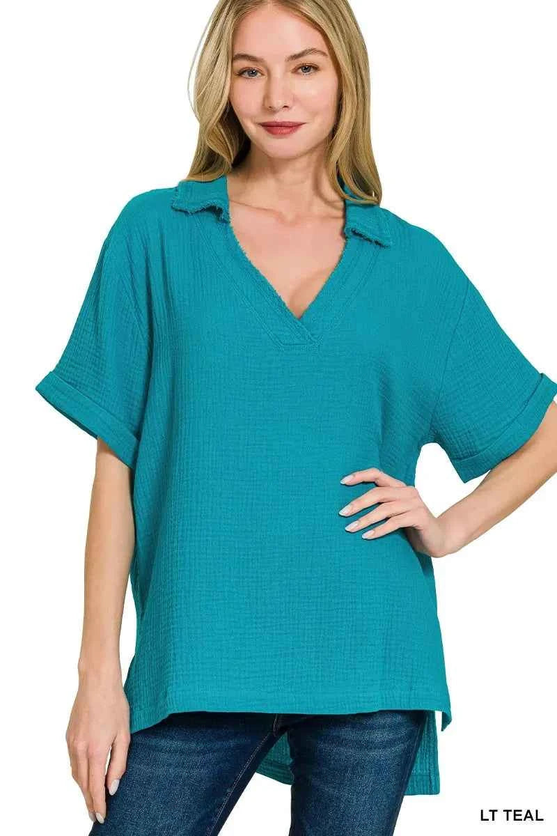 Zenana Double Gauze Short Sleeve High-Low Top LT TEAL 5415f58b8d204f648d66cc4303160189-Max-Origin