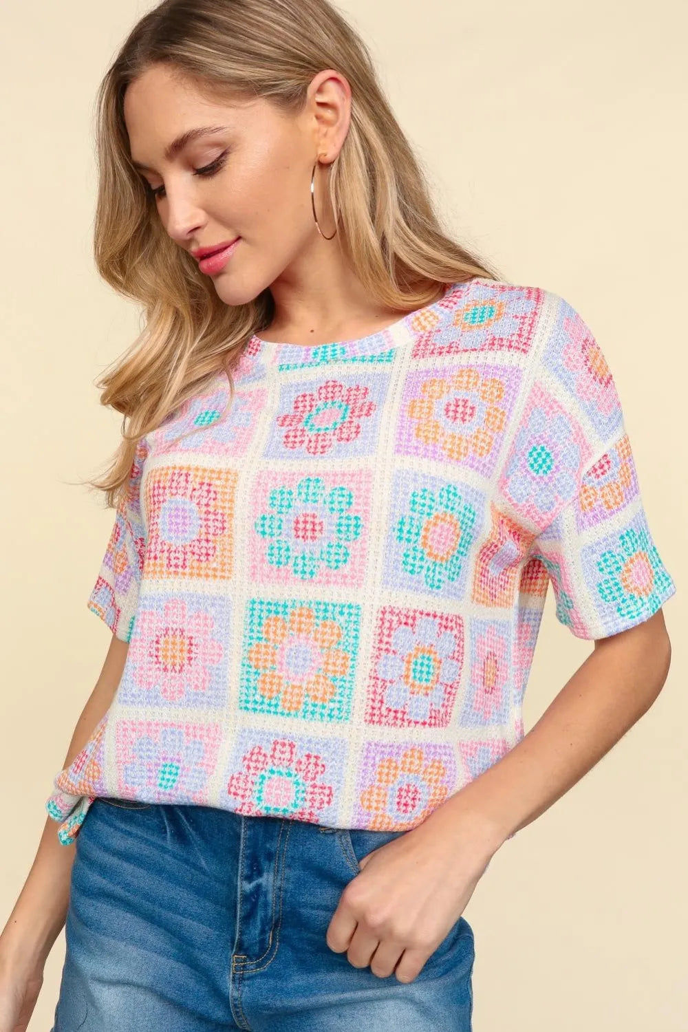 Haptics Flower Print Round Neck Short Sleeve T-Shirt 54193782-888c-4c88-a2be-1208e00de99f-Max