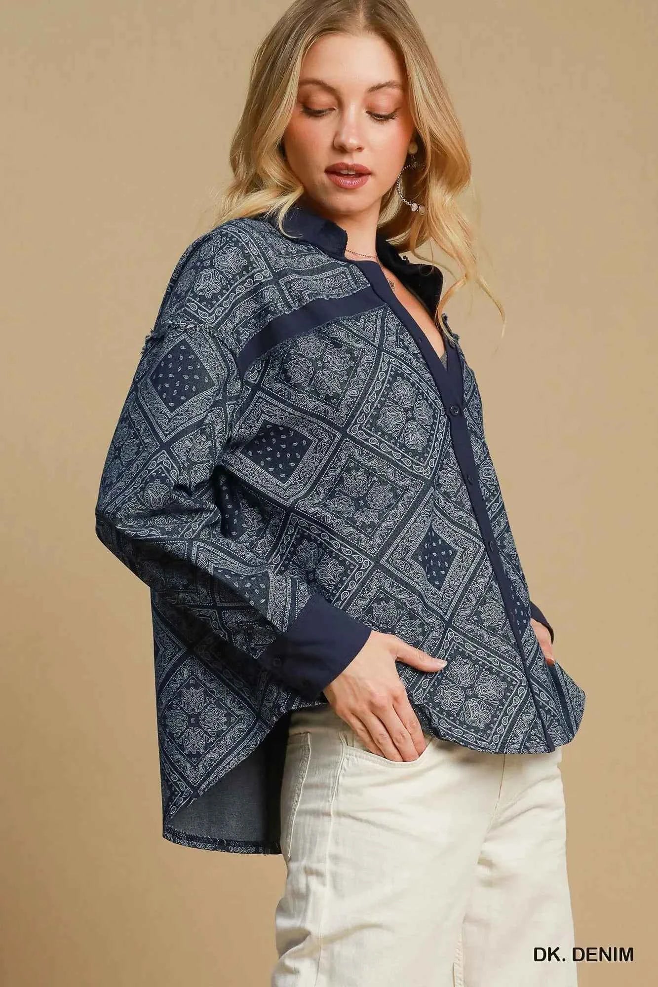 Umgee Paisley Print Denim Shirt Jacket 5419aee2-9290-4d5f-835c-83c9341d5e79-Max-Origin