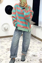 Stripe Colorblock Drop Shoulder Buttoned Collar Side Slit Top 5423c517-c0dc-41f0-8c0b-fed9a45e8bde-Max-Origin