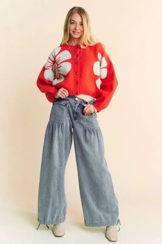 Davi & Dani Flower Contrast Round Neck Long Sleeve Cardigan 54243aaa-c193-444f-b2f7-10e48bdf23e8-Max