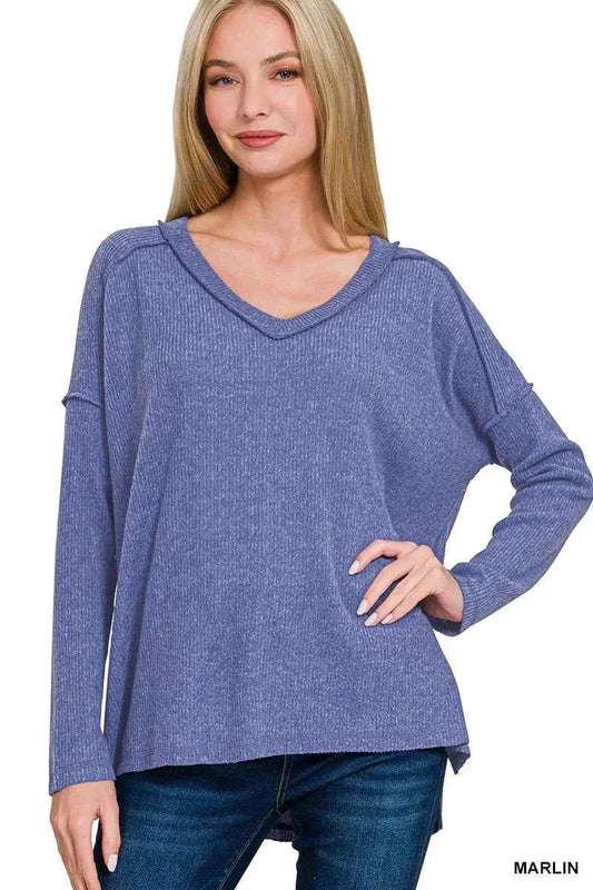 Zenana Full Size Brushed Ribbed Hacci Drop Shoulder V-Neck Sweater Plus Size MARLIN 5426c3fca9684cad90d343dc612f35ff-Max-Origin