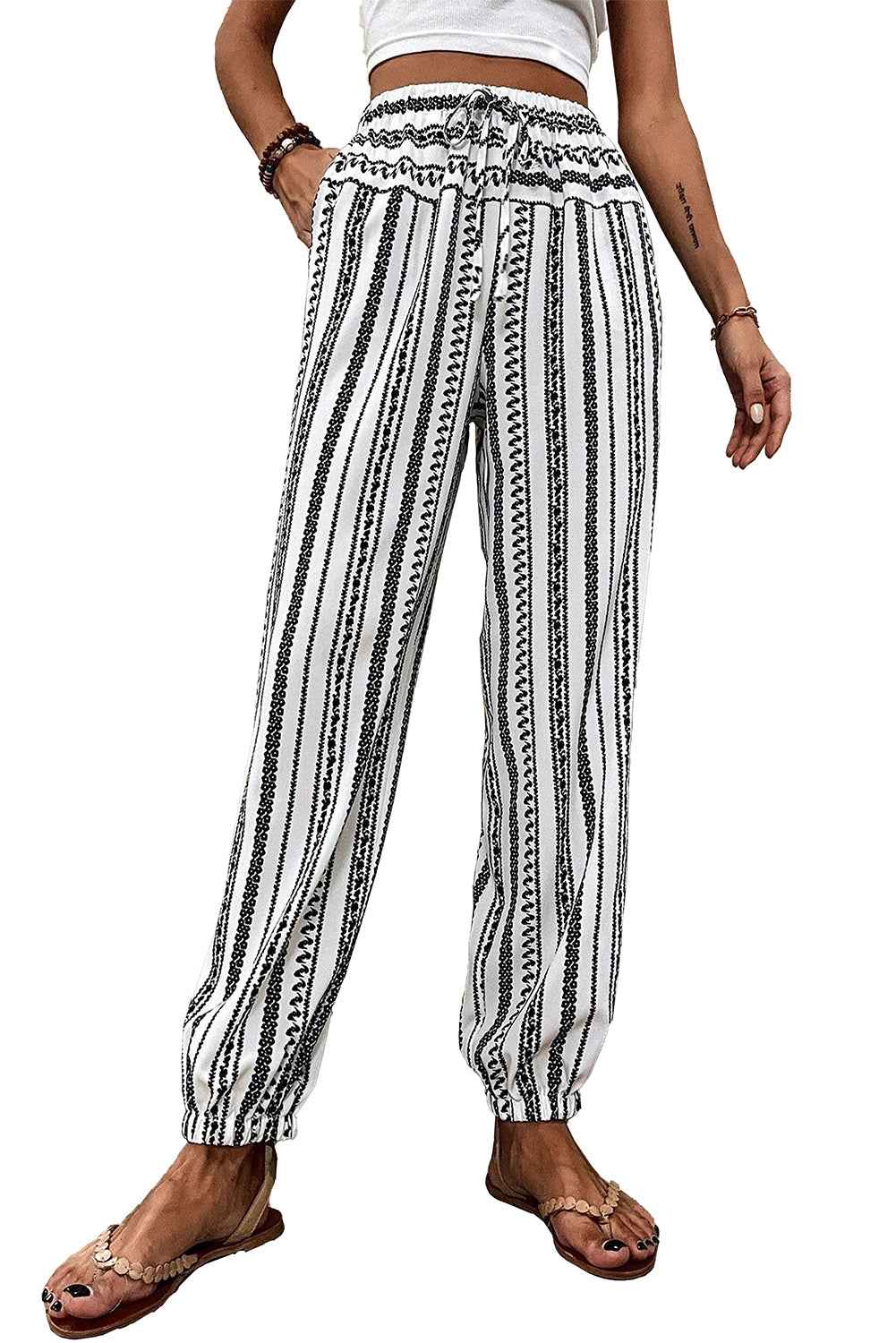 Black Stripe Geometric Print Drawstring Cuff Pants 54287c79cce613e7
