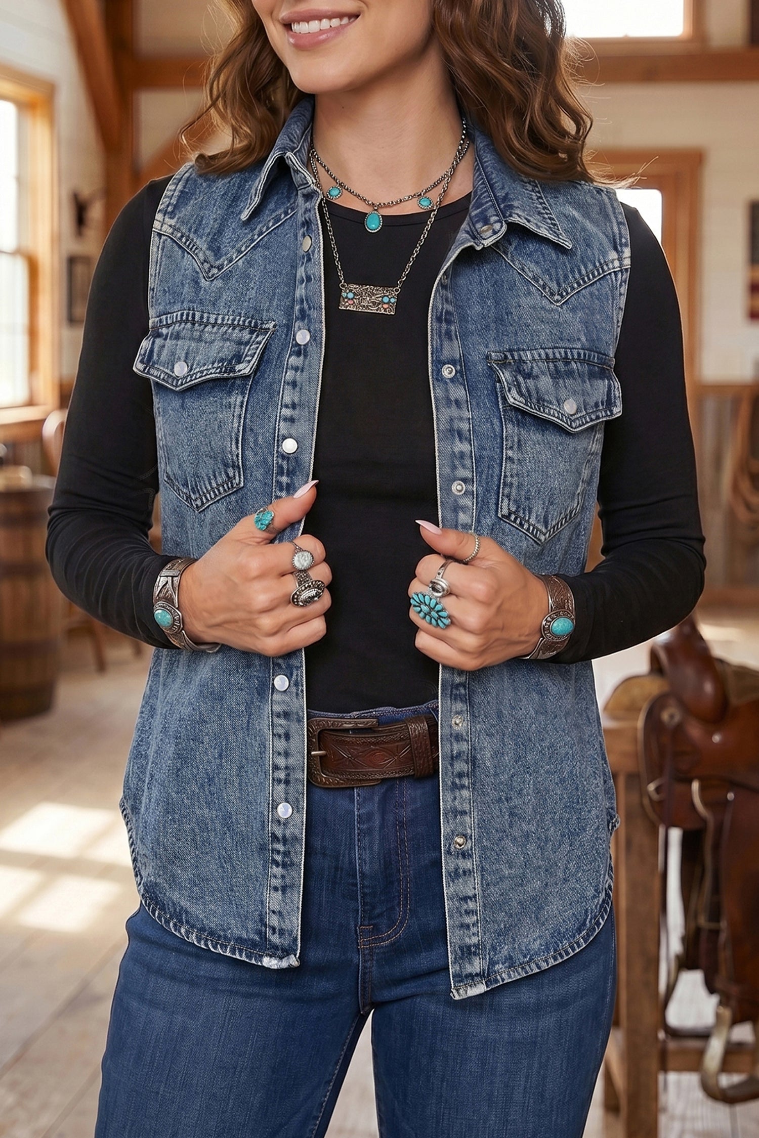 Ashleigh Blue Solid Denim Button Front Pocket Sleeveless Cowboy Vest Ashleigh Blue 81.3%Cotton+13%Polyester+5.7%Regenerated Fibre 542ce4bd4ee0efb0