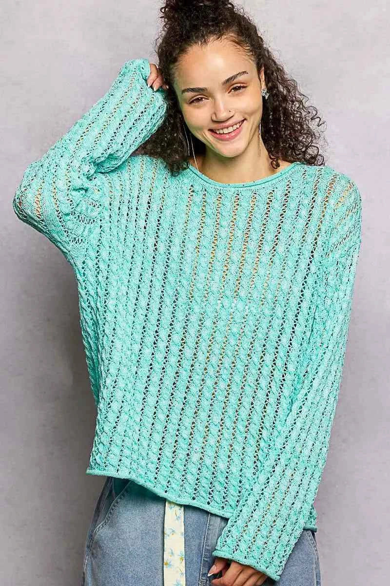POL Openwork Round Neck Knit Top with Shiny Detail 54314b1a-2c69-4ec9-8963-29a9539f827d-Max-Origin