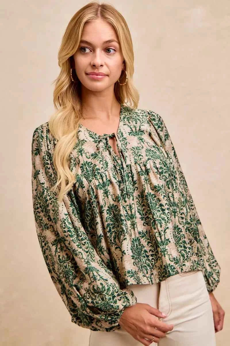BiBi Printed Woven Front Tied Blouse with Baloon Sleeve 5433762ba1574c56a8202a7e56352d4a-Max-Origin