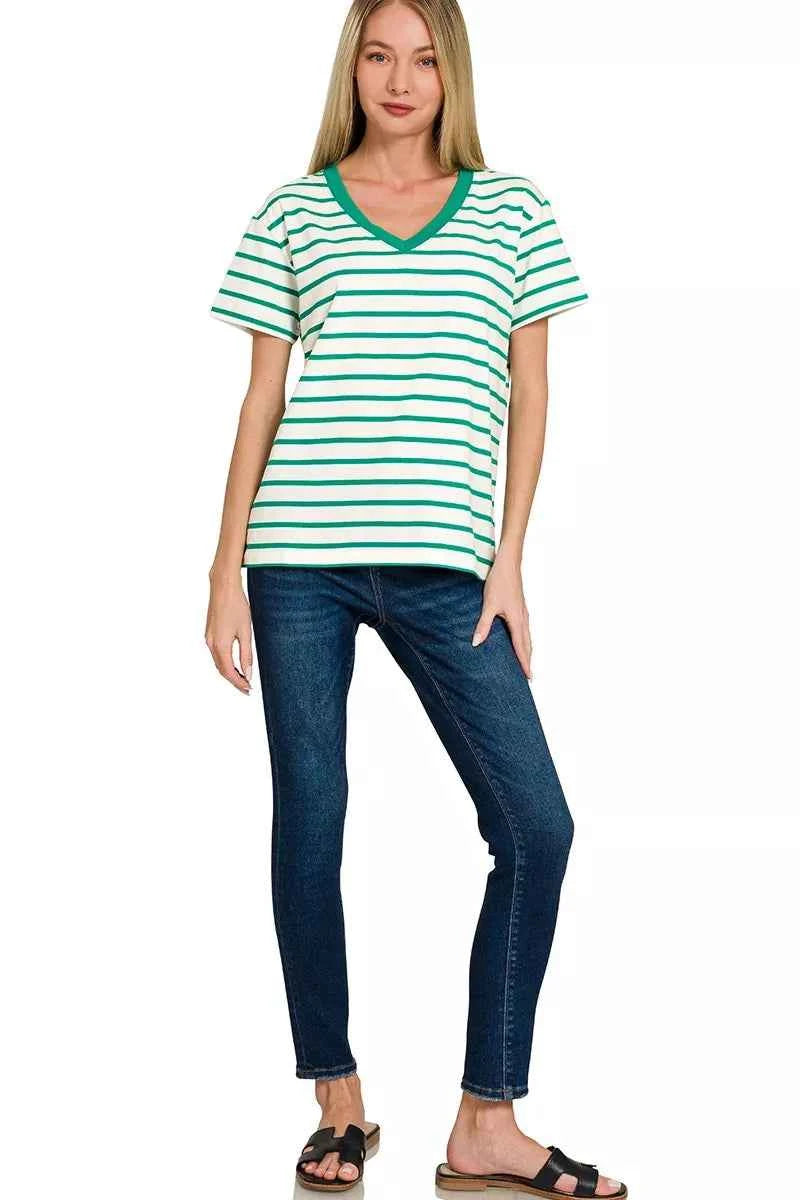 Zenana Striped V-Neck Short Sleeve T-Shirt 5433d59ecb144609974ad6ba32633581-Max-Origin