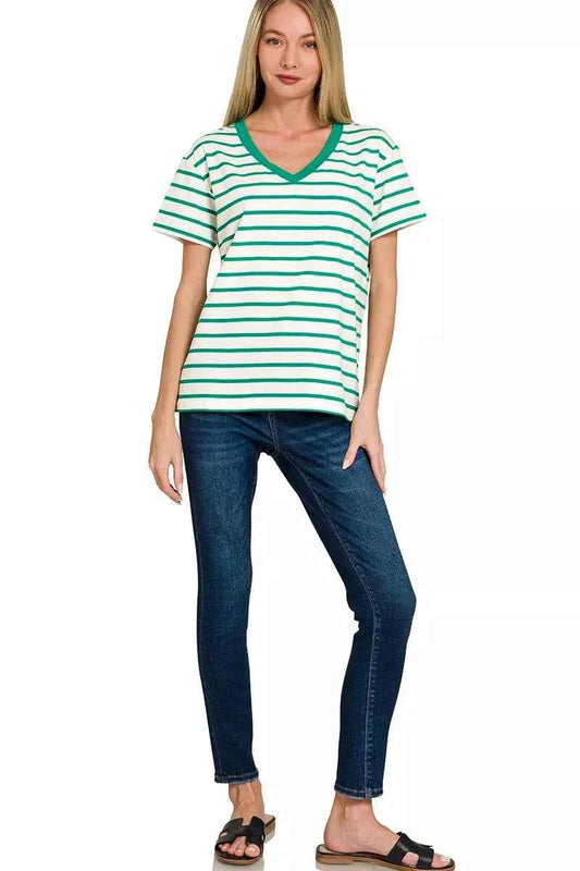 Striped V-Neck Short Sleeve T-Shirt 5433d59ecb144609974ad6ba32633581-Max-Origin