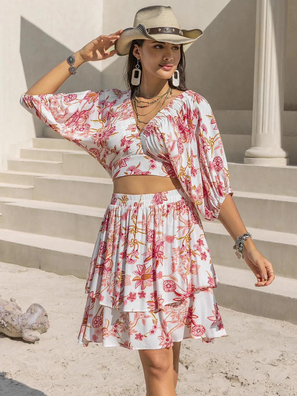 Printed Half Sleeve Top and Layered Skirt Set 54355752-0ad5-4d82-9eaa-94f96555d19f-Max