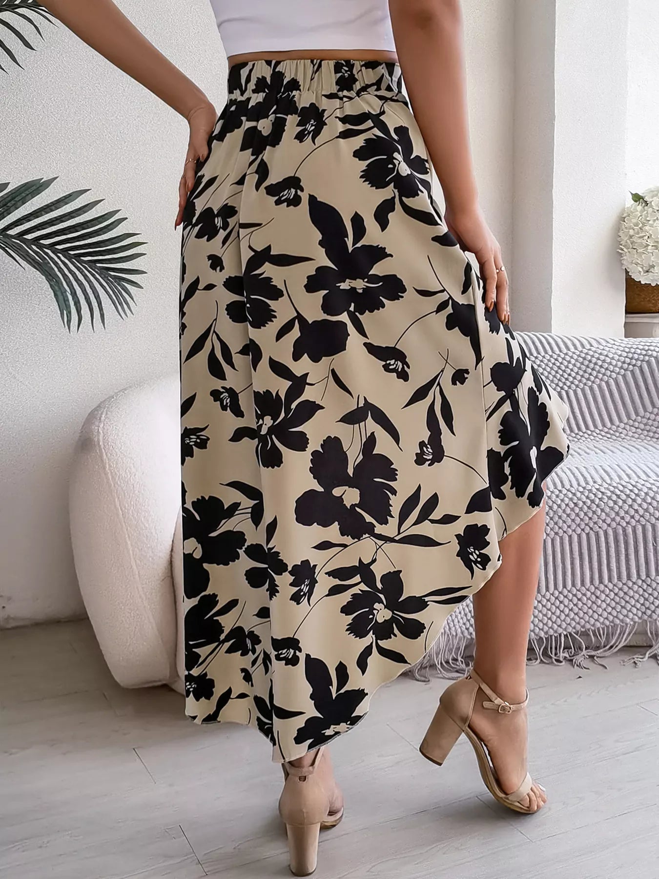 Floral Print Ruffle Hem Asymmetrical Skirt Khaki 5435d4e2ffbf4aba8473a3b10751825c-Max-Origin