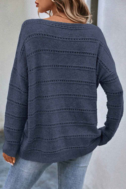 Real Teal Boat Neck Drop Shoulder Pointelle Knit Sweater 543742acc91ef5be