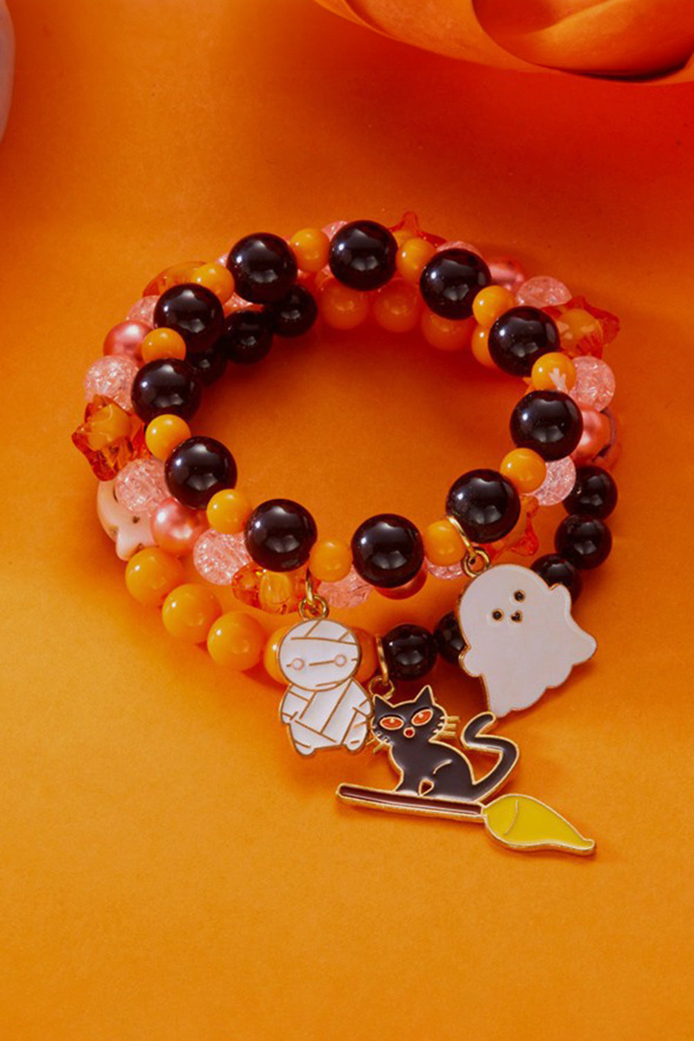 Orange 3pcs Halloween Pendent Elastic Beaded Bracelet Set 54396a51fa24996f