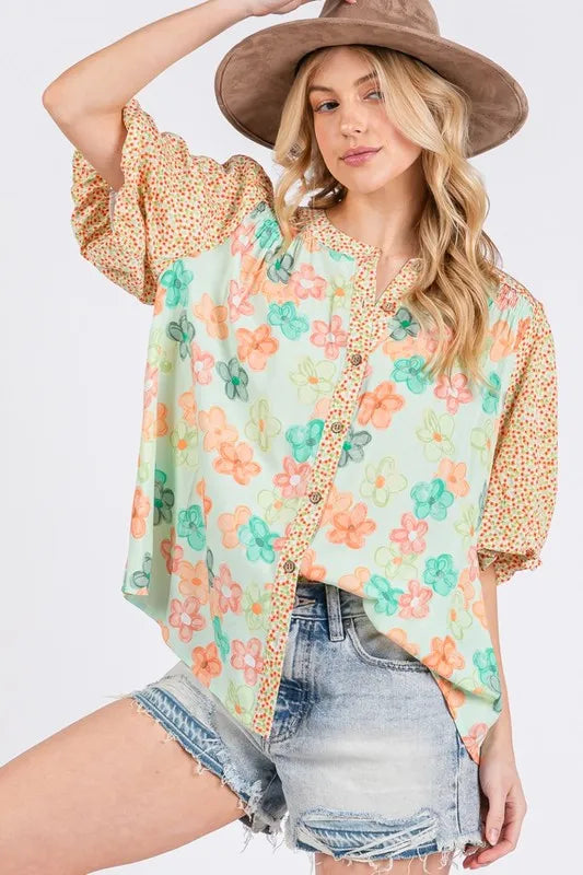 SAGE+FIG Button Down Bubble Sleeves Shirt Light Green 54423b2e-d9ae-4aec-9b17-3ec22f79f77f-Max