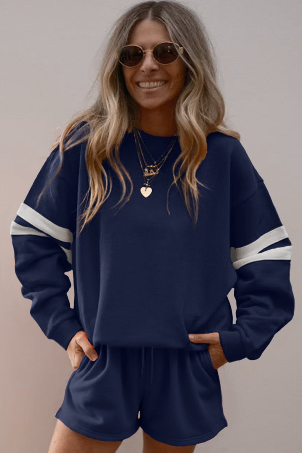 Orange Varsity Striped Sleeve Drop Shoulder Sweatshirt and Shorts Set 5443001800ffa9ae