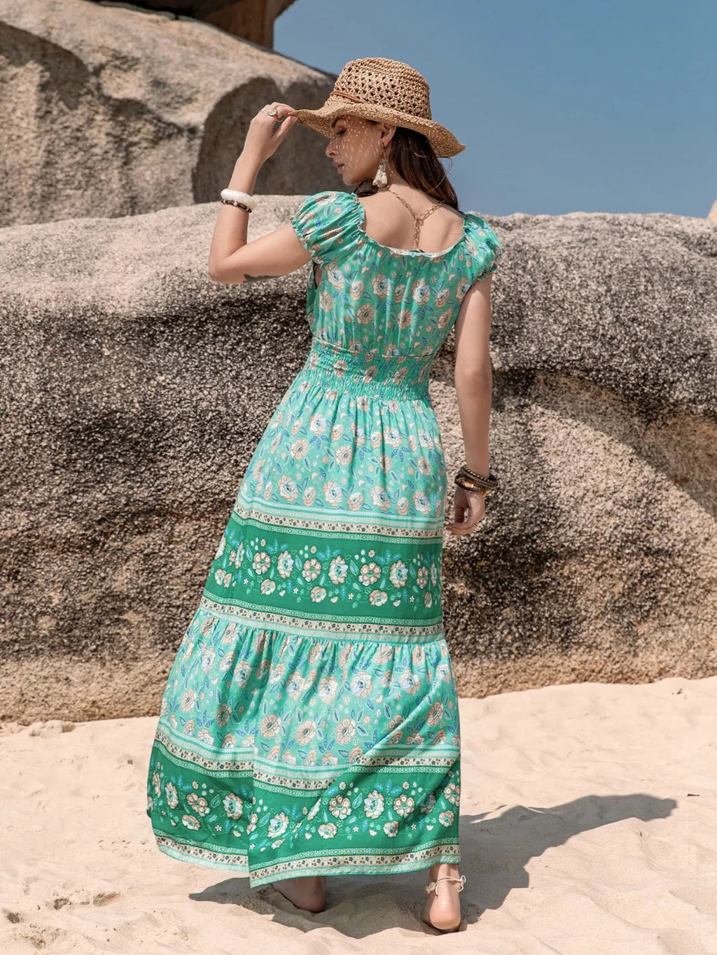 Smocked Printed V-Neck Dress 5449714b-2f9f-429f-9260-5b5bcb5a9fea-Max-Origin