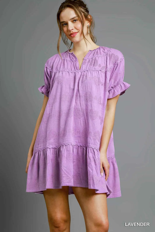 Umgee Heart Pattern Short Sleeve Ruffle Babydoll Dress Lavender 544a841e-a0b8-4576-a7b9-2683cef1f80a-Max-Origin