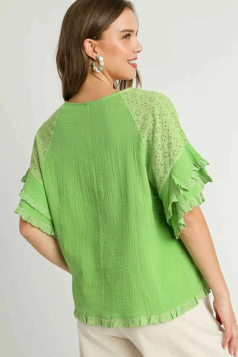 Umgee Full Size Cotton Gauze Round Neck Ruffle Eyelet Layered Sleeve Blouse Plus Size 54558504-cf02-4417-9ff4-86ad693a8168-Max
