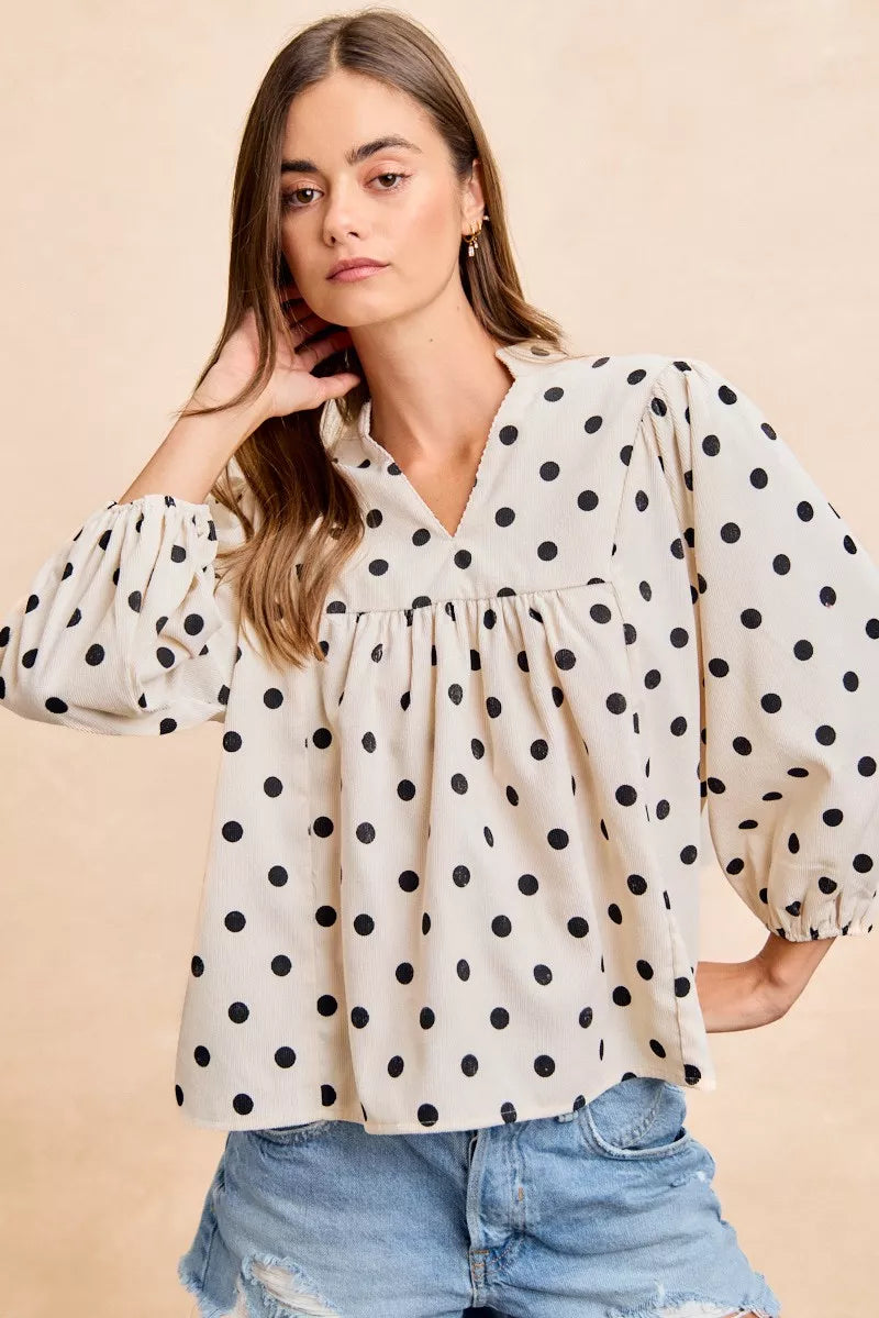 BiBi Polka Dot Corduroy Quarter Sleeves V Neck Blouse 545829c8909f4d1d8405164c3e79b679-Max-Origin