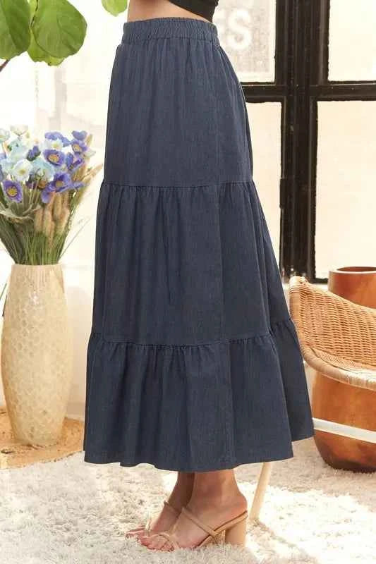 ADORA Waist Band Tiered Denim Maxi Skirt 5459fa92f9bd4c15b88079c049fdd9ad-Max-Origin