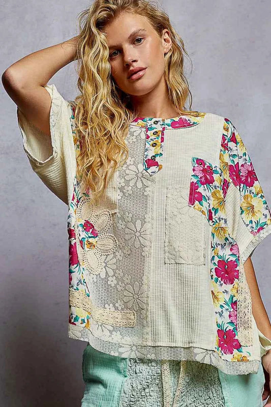 Lace Round Neck Short Sleeve Floral Pattern Top with Patch Detail NATURAL 545bf37e-e19d-45f8-9744-8270e09619f1-Max-Origin