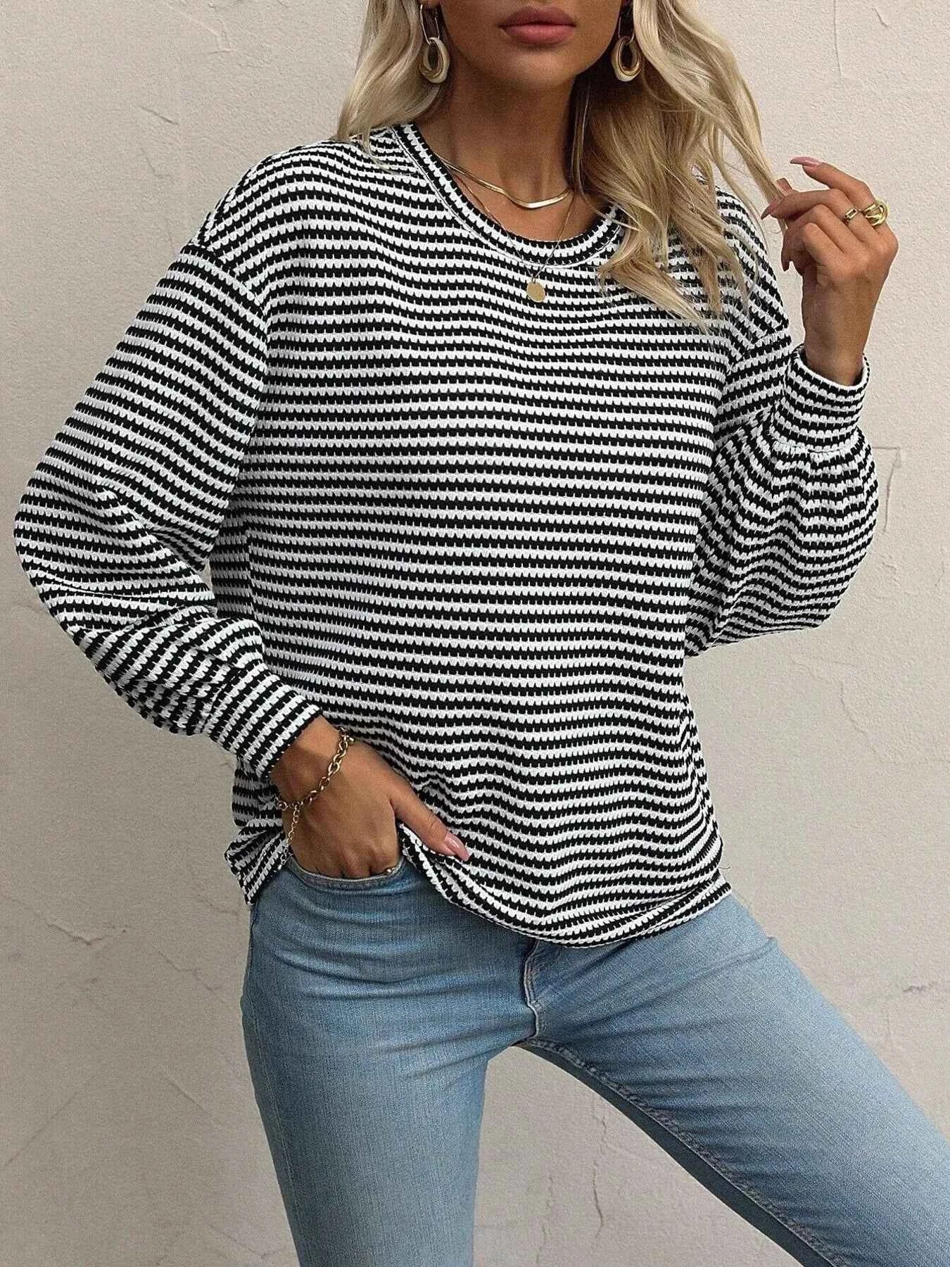 Striped Round Neck Lantern Sleeve Top 545e29092b0f4f45ba40eb431c4fa1f1-Max-Origin