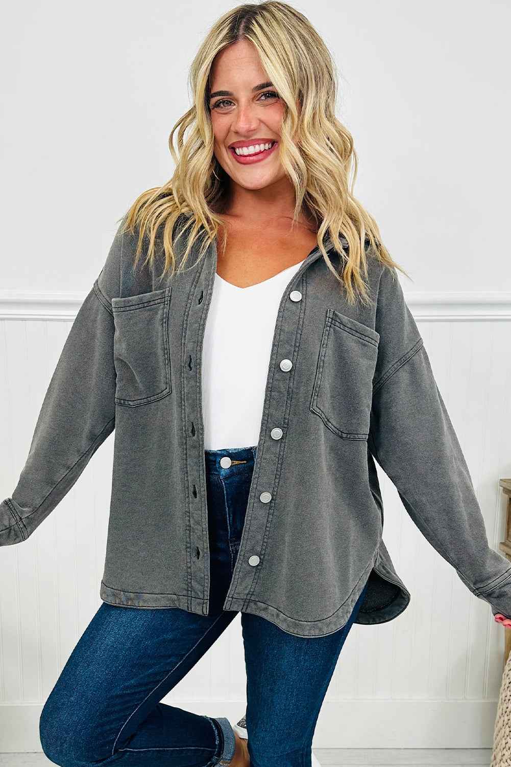 Medium Grey Mineral Wash Chest Pockets Drop Shoulder Shacket with Side Slit 545e2eb358fb2c77