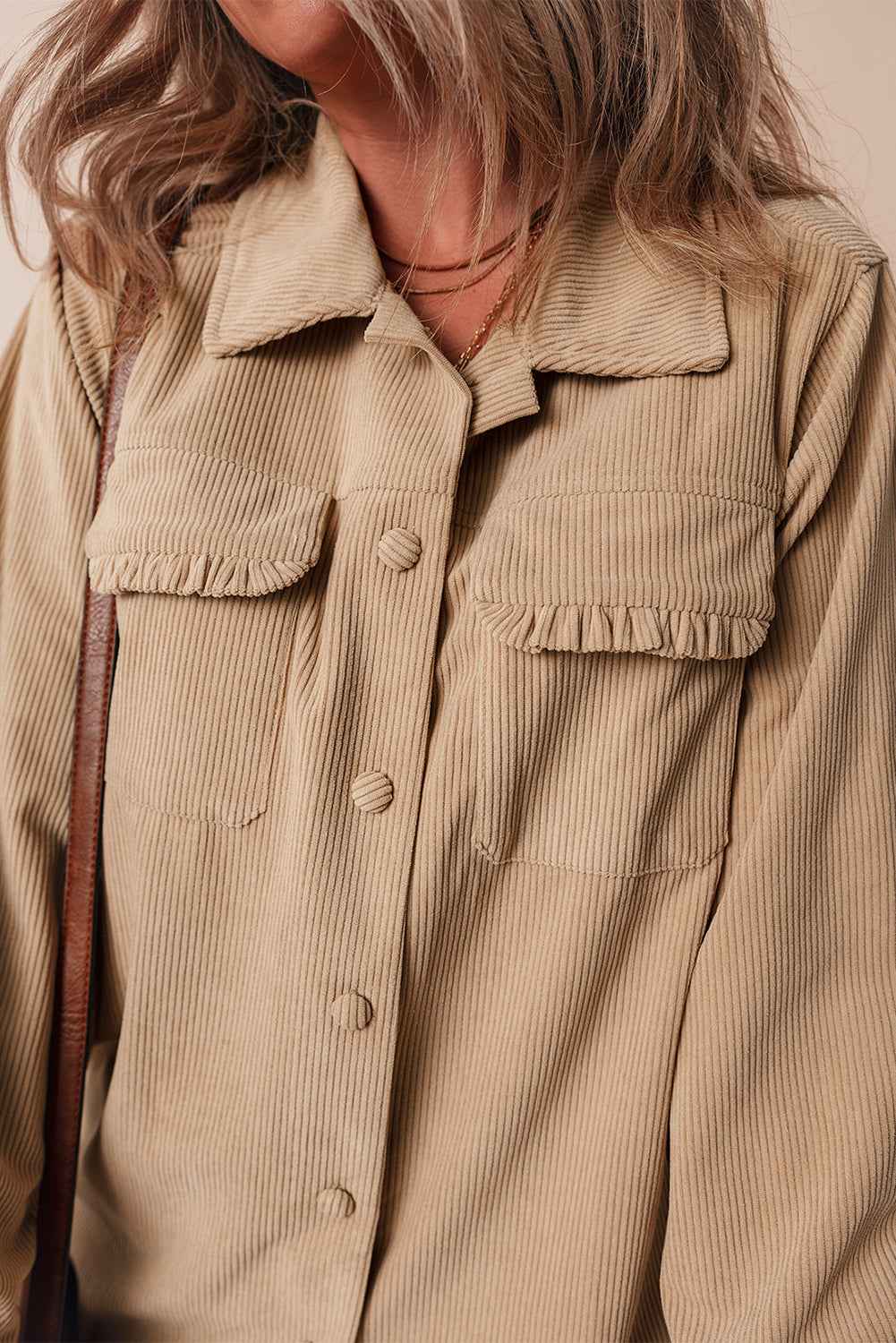 Light French Beige Corduroy Frilled Flap Pocket Button Up Shacket 545f4af734aac715