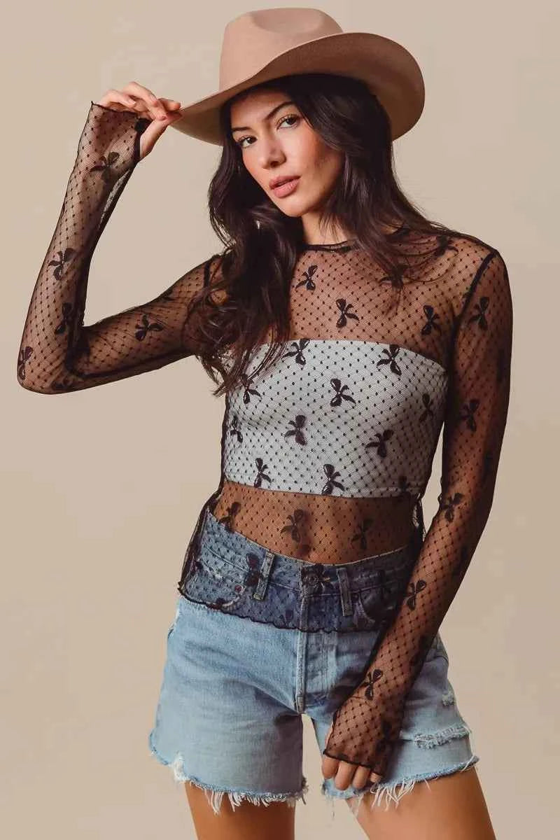 SO ME Bow Ribbon Pattern Sheer Lace Top 5462f2d921724befb028bb2591a6751d-Max-Origin