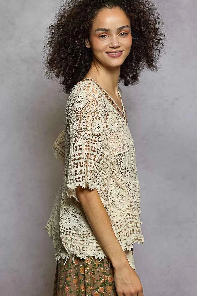 POL V-Neck Crochet Top with Scalloped Hem 546404c7-7487-4328-8237-31267e09a254-Max-Origin
