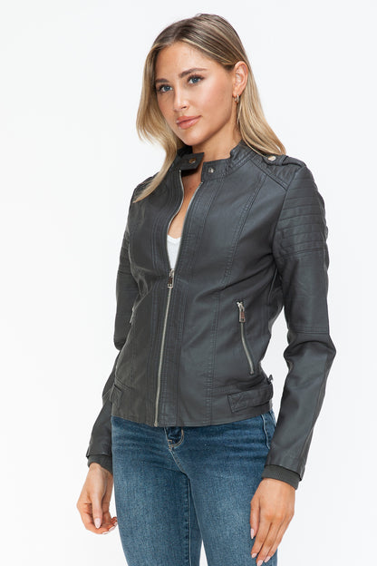 Snobbish PU Leather Biker Jacket with Side Zip Pockets