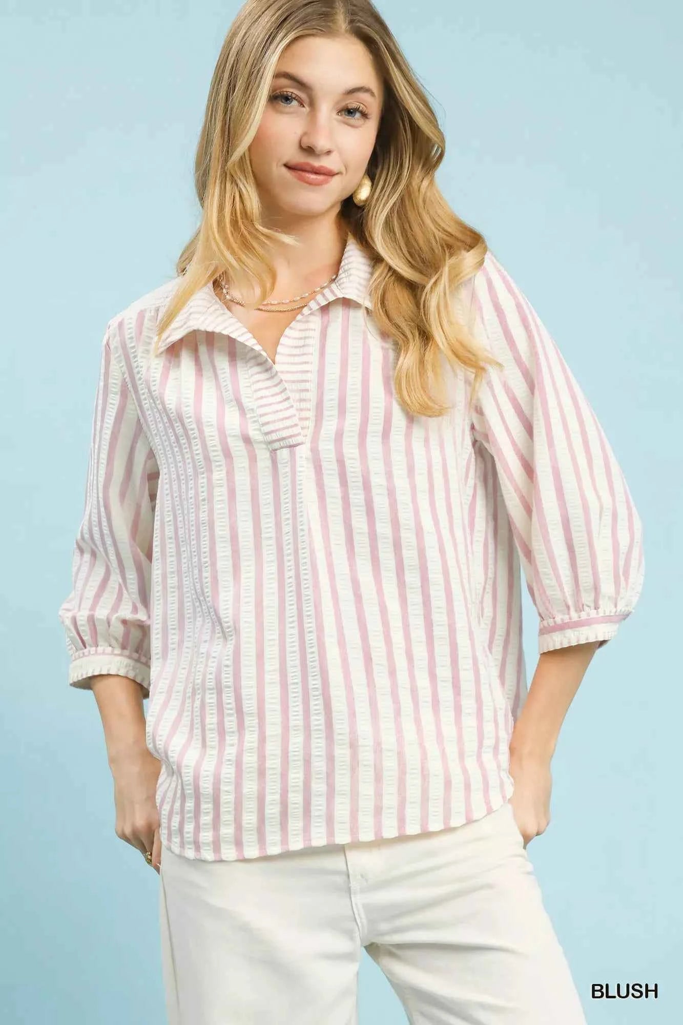 Umgee Striped Collared Neck Blouse BLUSH 546fdc85-8d7e-4e24-93fd-24ea3a3bdb11-Max-Origin