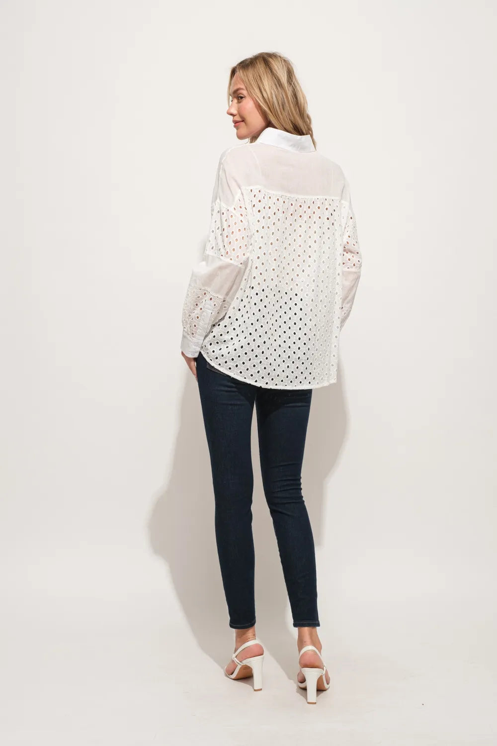 Eyelet Long Sleeve Button Down Shirt - 100% Cotton Opaque 5479103b-8a41-4977-a24b-c42df91aed5d-Max