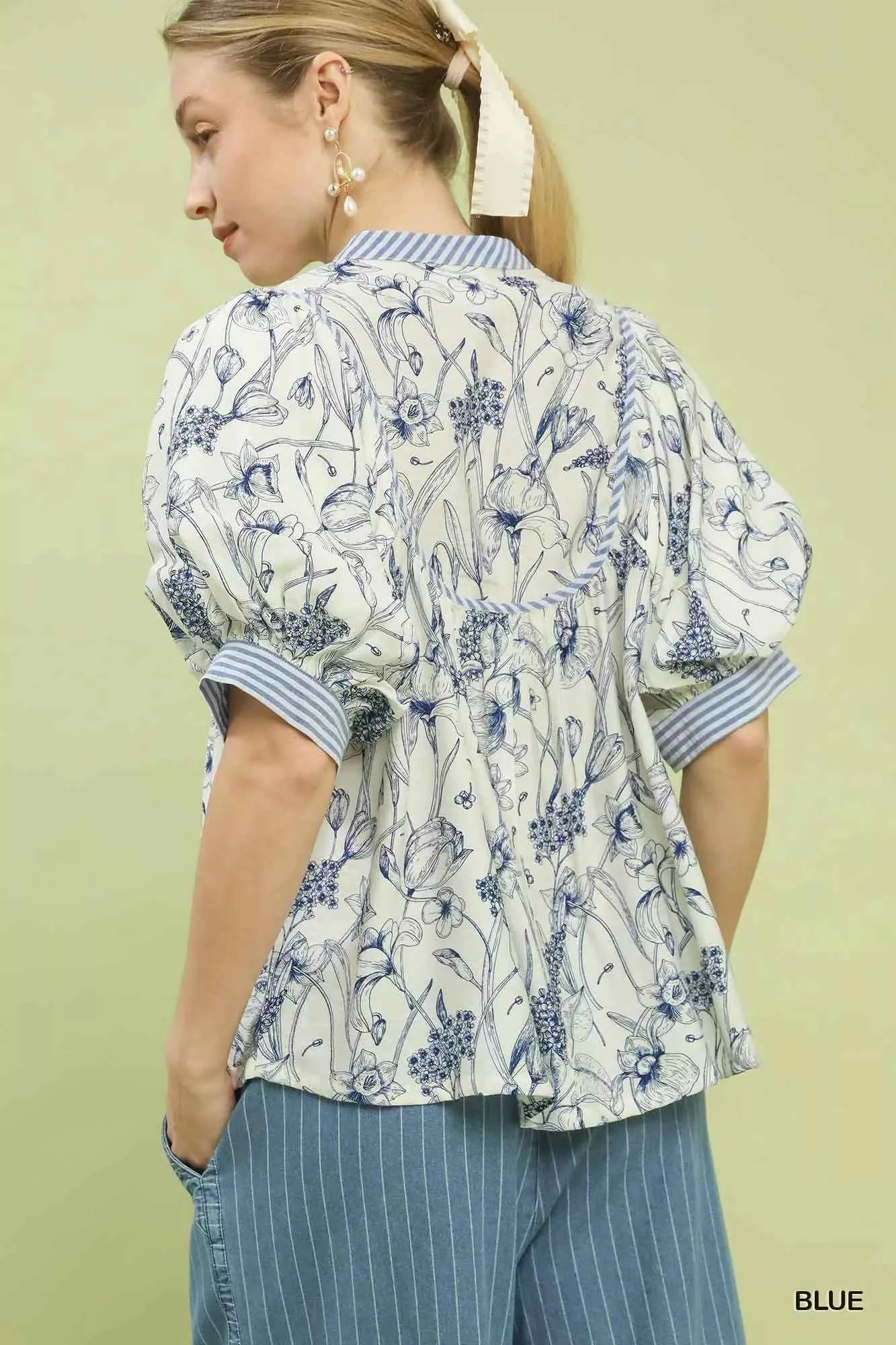 Mixed Print Puff Sleeve Split Neck Top 547c8932-0027-4d67-bcf0-39fc2c5f56b7-Max-Origin