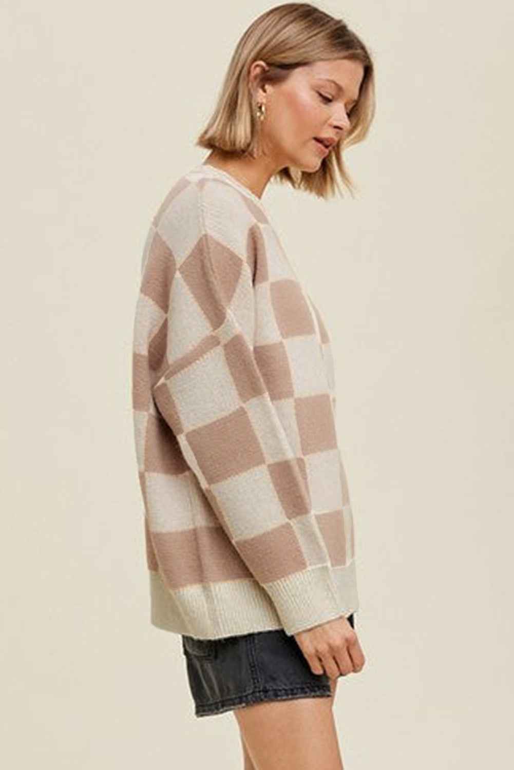 Parchment Checkered Pattern Ribbed Trim Knit Baggy Sweater 54822f8cf062b934