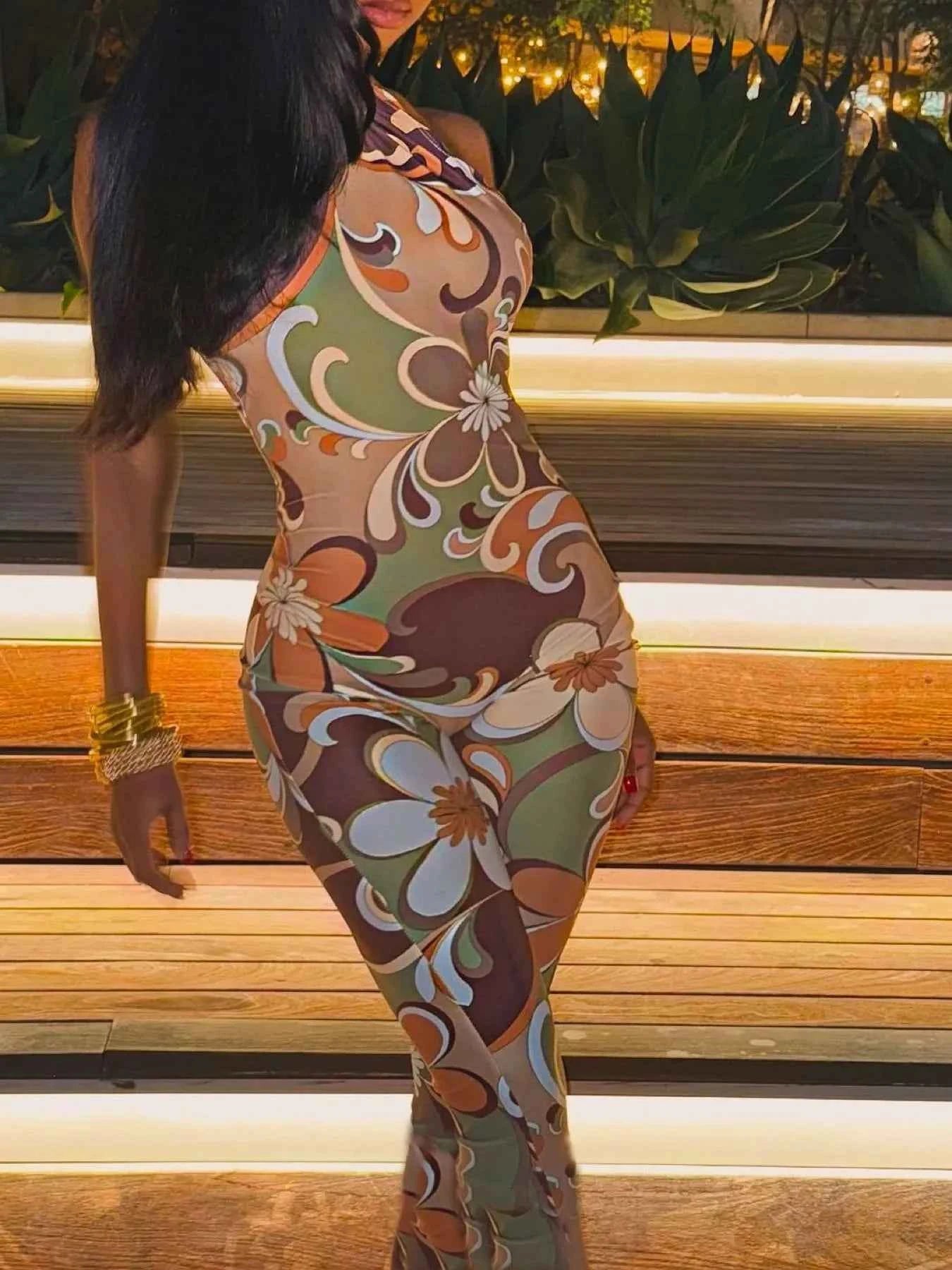 Tropical Print Halter Neck Bodycon Jumpsuit Khaki 5484d1158d114779b5a4172b4191e29d-Max-Origin