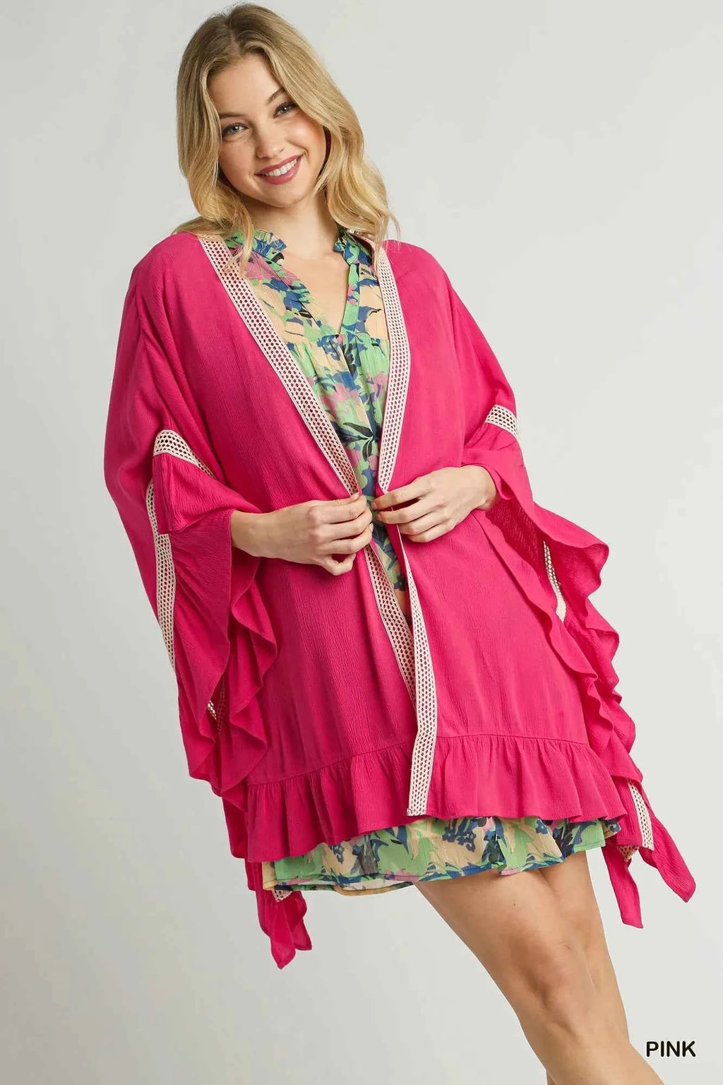 Umgee Ruffle Trim Kimono with Crochet Accent Pink 54887dc8-ff05-4996-8fb7-81ca8bd39270-Max-Origin
