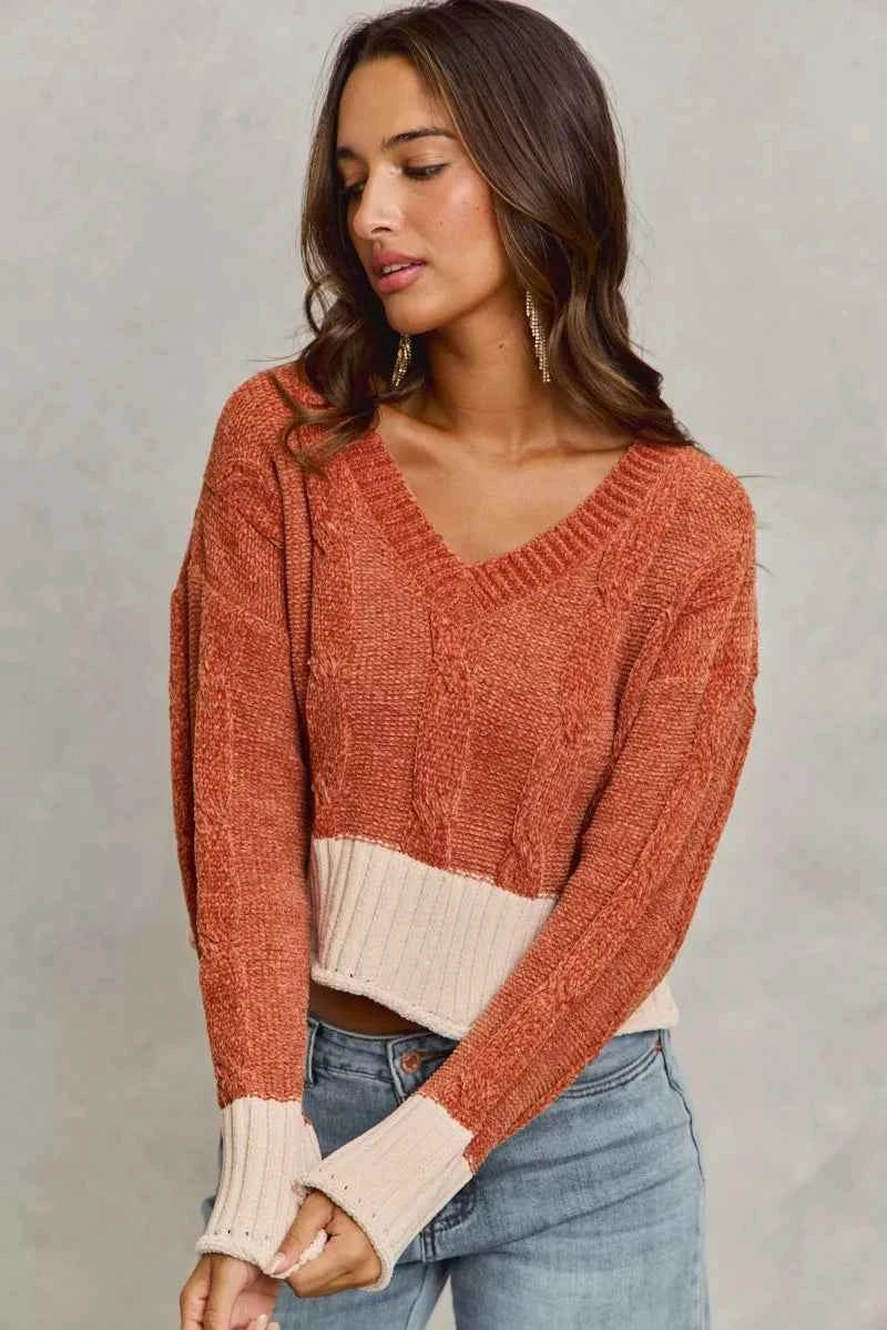 SO ME Chenille Cable Knit V Neck Contrast Cropped Sweater RUST 548a6539d7bb4afb9bd04effd20185f8-Max-Origin